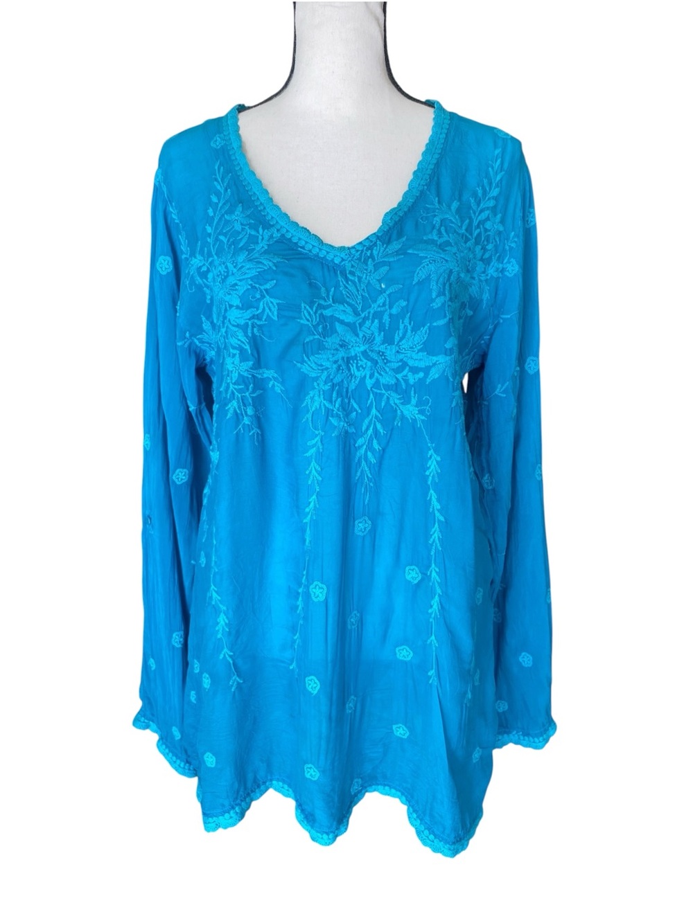 Johnny Was Turquoise Embroidered Cupra Rayon Boho Tunic Top S
